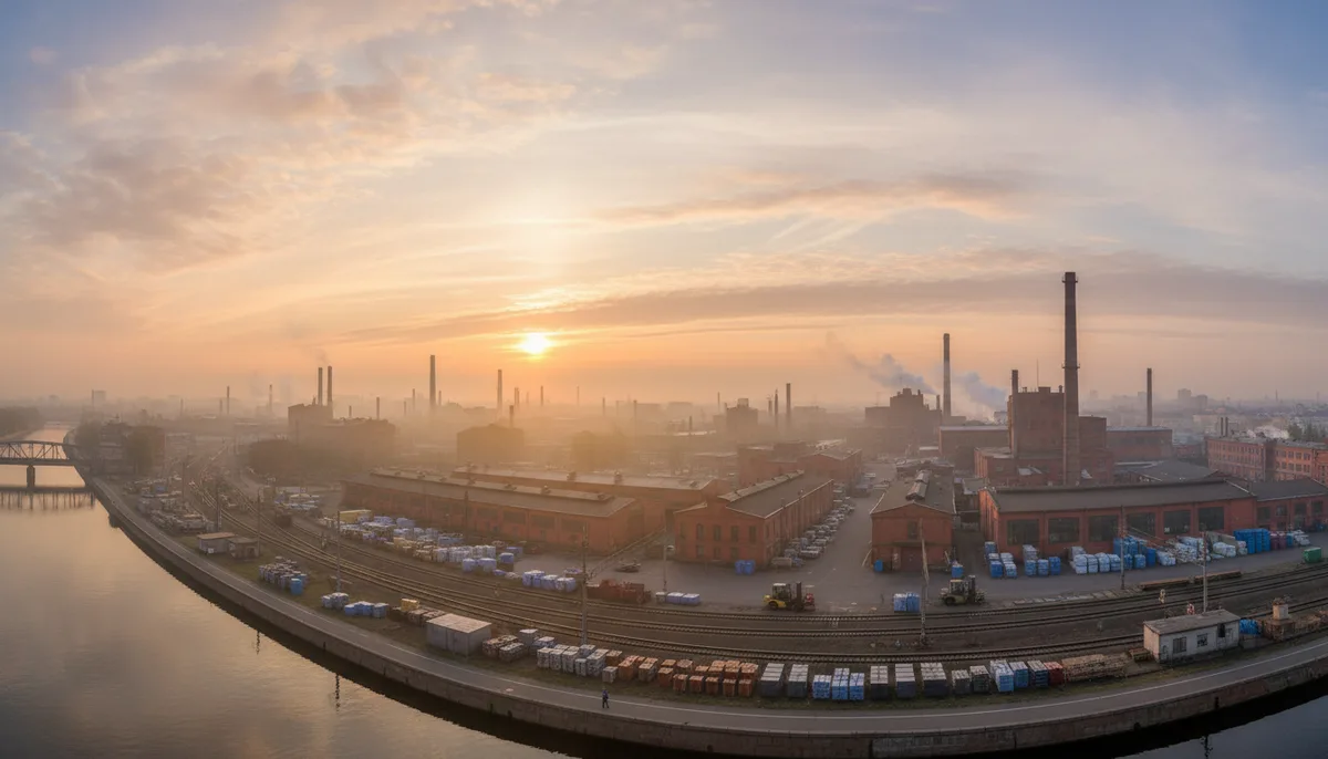 Панорама промышленного района Санкт-Петербурга заводские корпуса утреннее небо рабочая зона