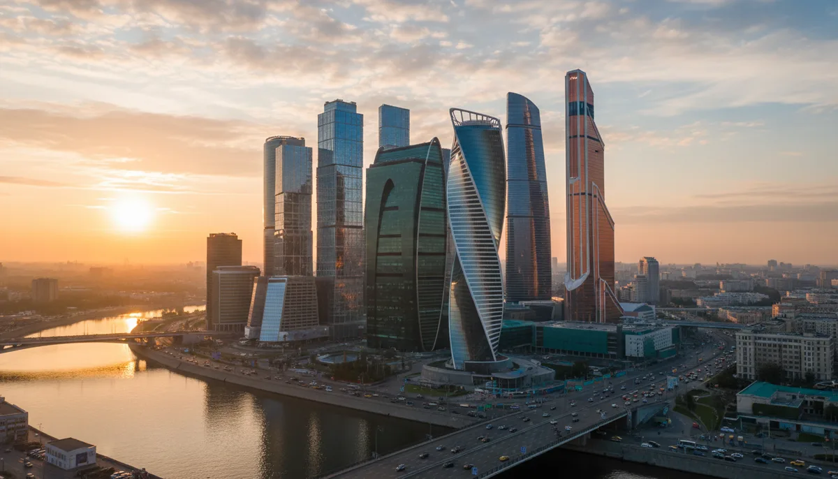 деловой центр Москвы, городской пейзаж, офисные здания, утренний свет