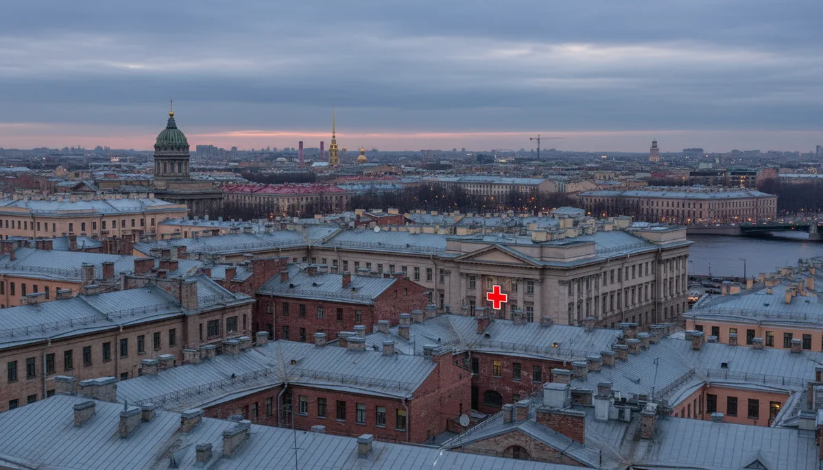 Панорама Санкт-Петербурга, городские крыши, медицинский крест на фасаде здания
